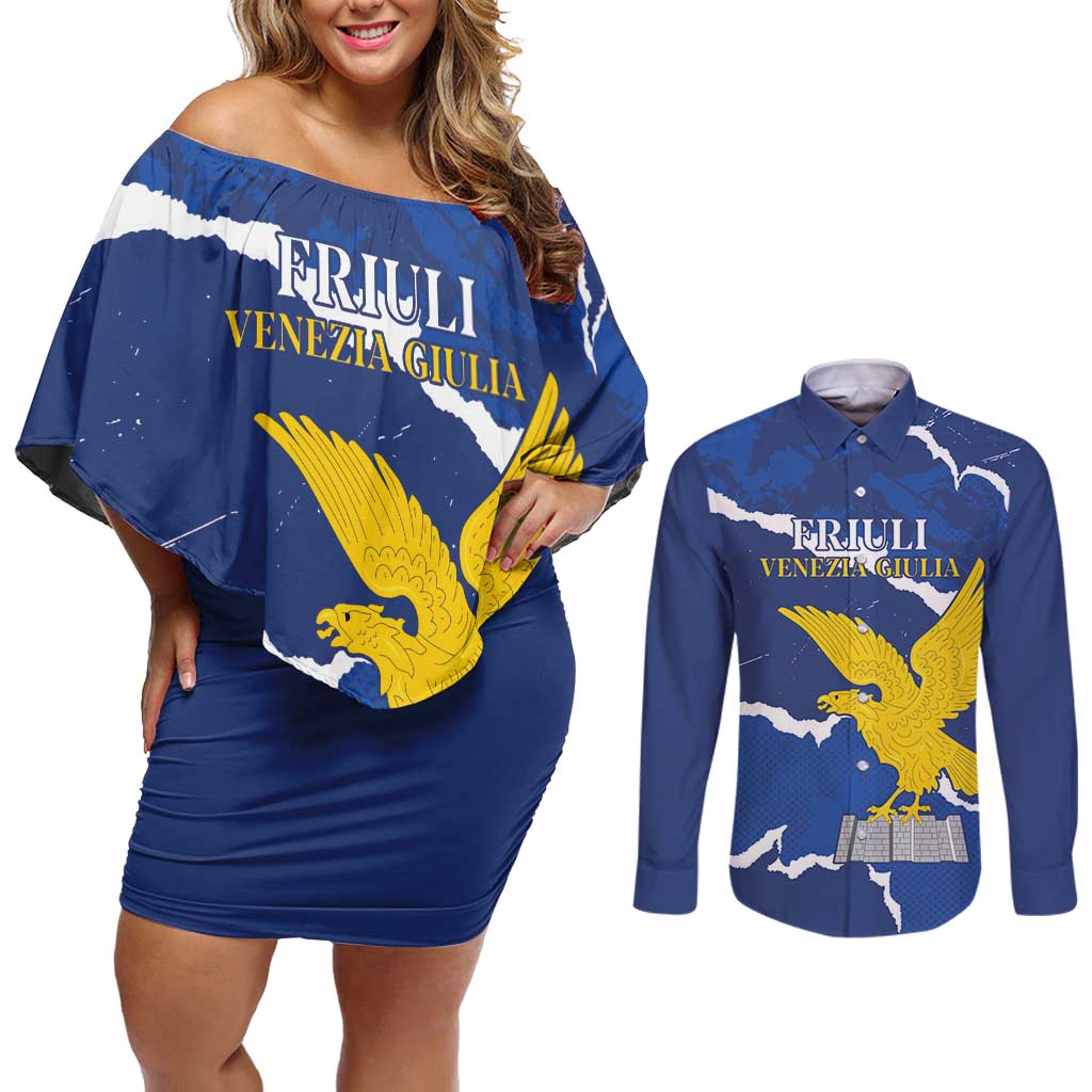 Friuli-Venezia Giulia Couples Matching Off Shoulder Short Dress and Long Sleeve Button Shirt Coat Of Arms Sporty Style