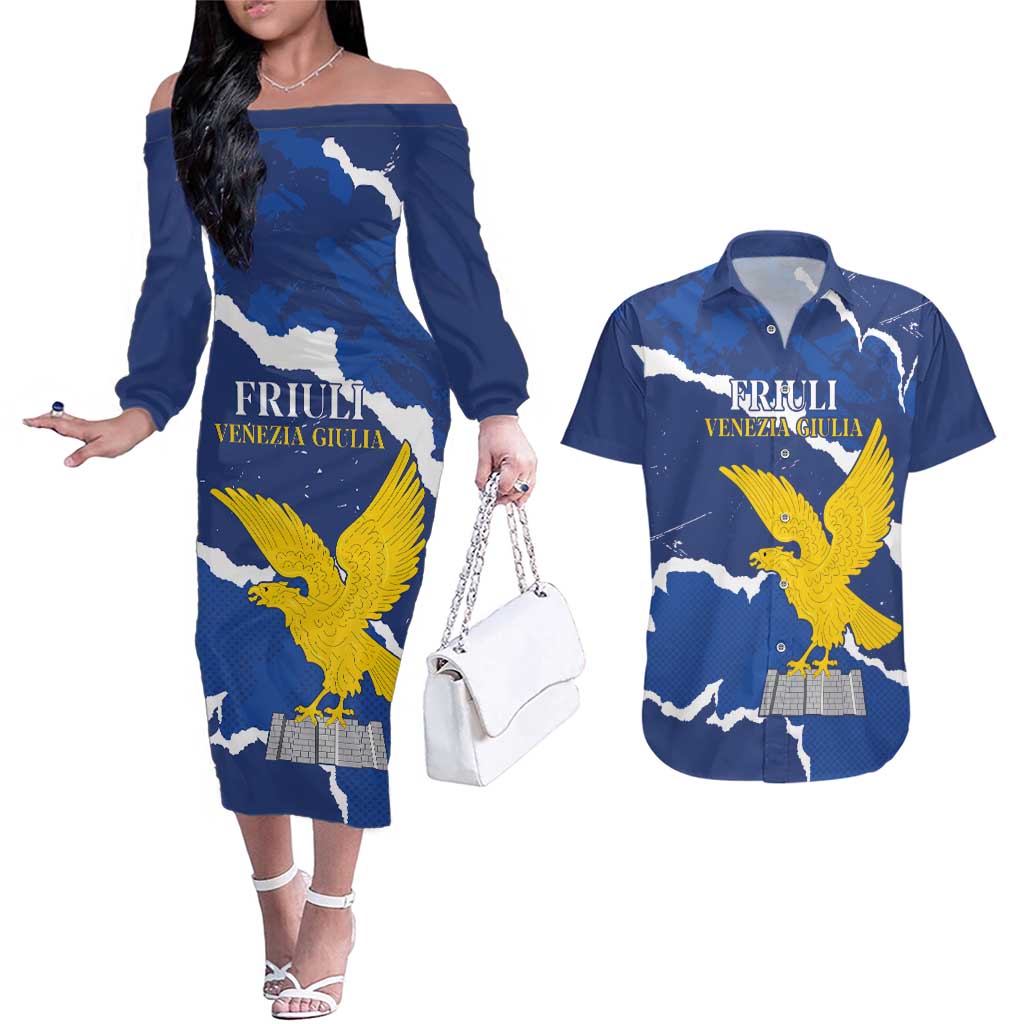 Friuli-Venezia Giulia Couples Matching Off The Shoulder Long Sleeve Dress and Hawaiian Shirt Coat Of Arms Sporty Style
