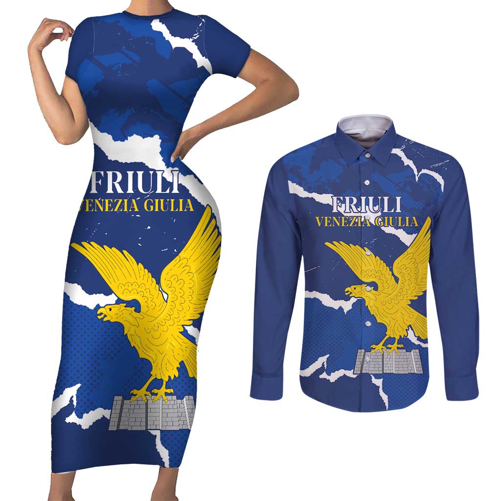 Friuli-Venezia Giulia Couples Matching Short Sleeve Bodycon Dress and Long Sleeve Button Shirt Coat Of Arms Sporty Style