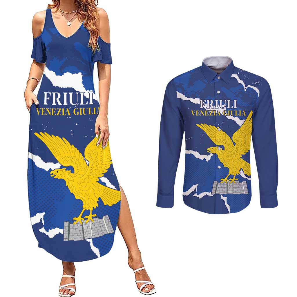 Friuli-Venezia Giulia Couples Matching Summer Maxi Dress and Long Sleeve Button Shirt Coat Of Arms Sporty Style
