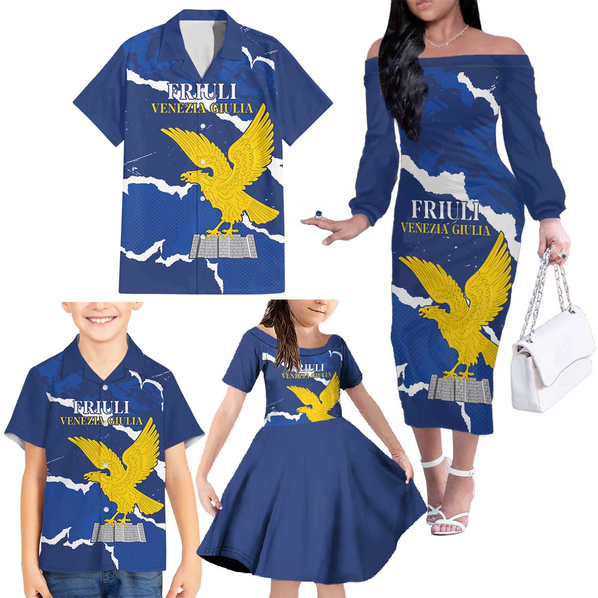 Friuli-Venezia Giulia Family Matching Off The Shoulder Long Sleeve Dress and Hawaiian Shirt Coat Of Arms Sporty Style