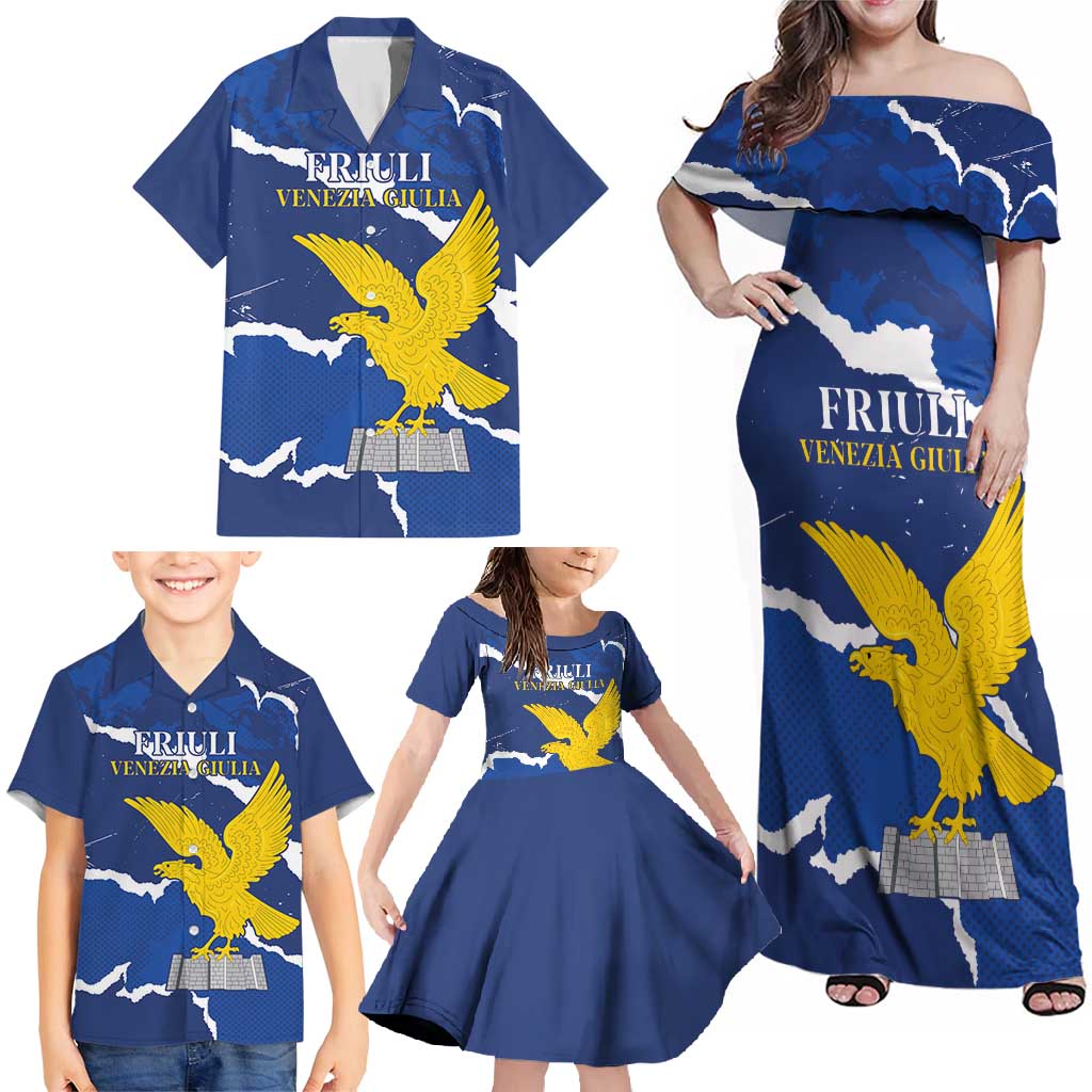 Friuli-Venezia Giulia Family Matching Off Shoulder Maxi Dress and Hawaiian Shirt Coat Of Arms Sporty Style