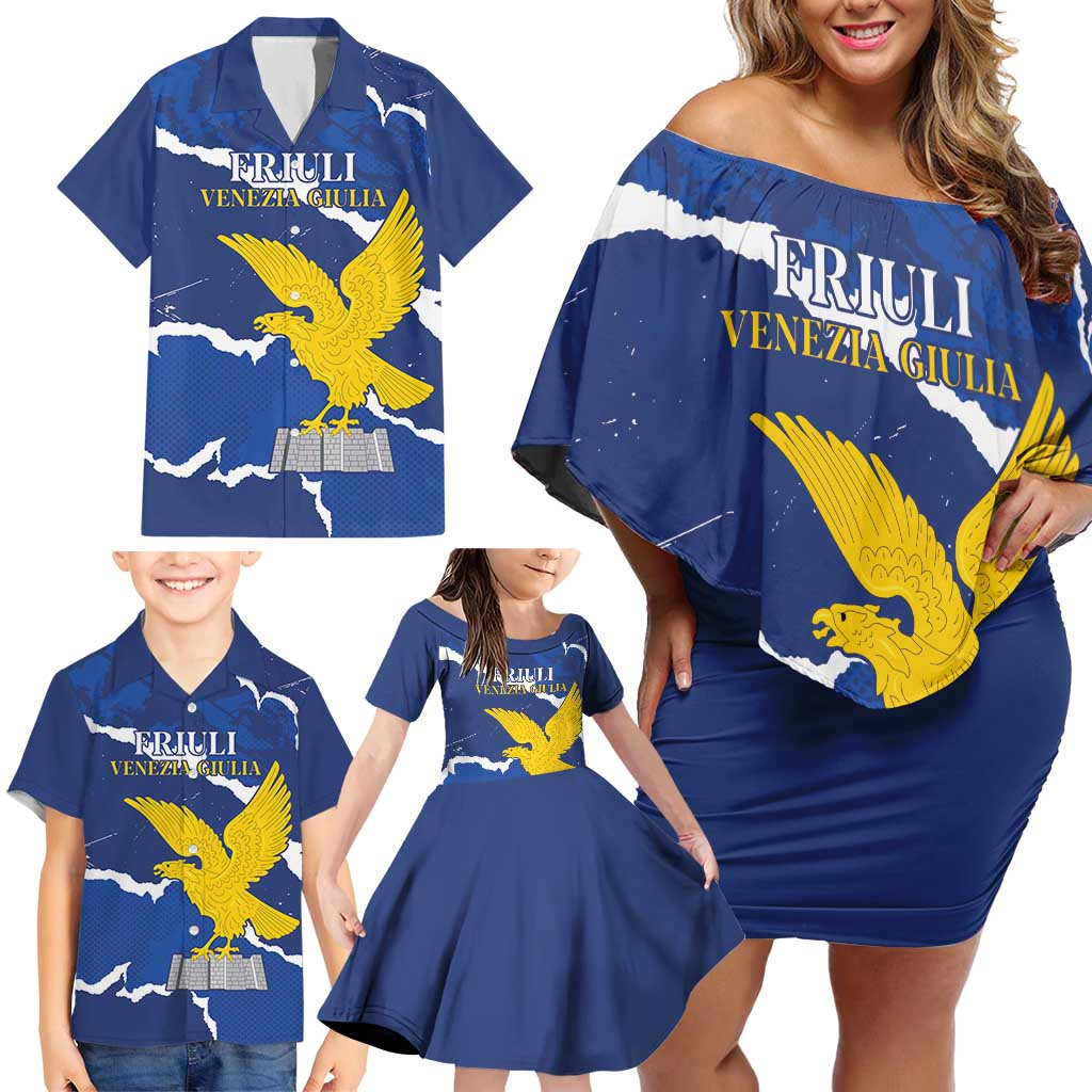Friuli-Venezia Giulia Family Matching Off Shoulder Short Dress and Hawaiian Shirt Coat Of Arms Sporty Style