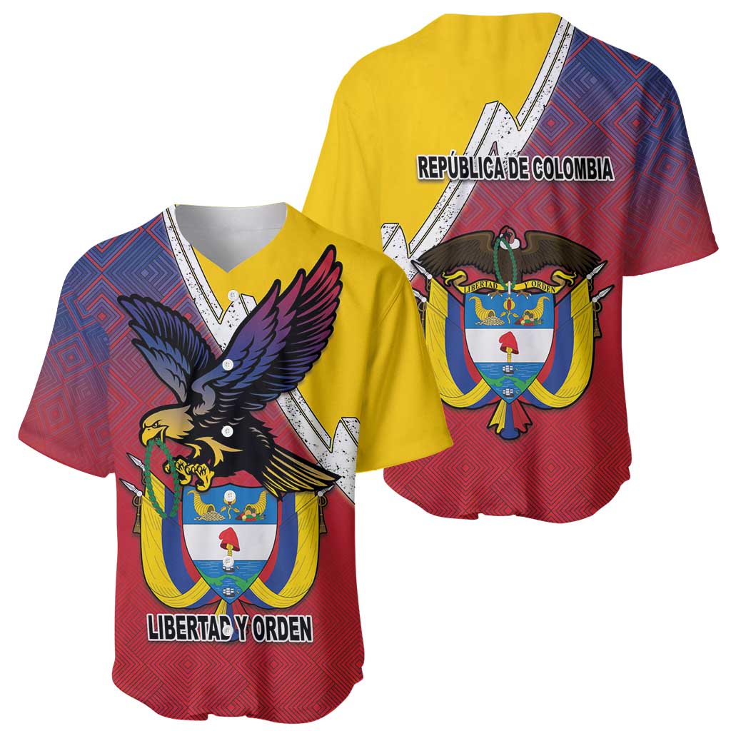 Colombia Coat Of Arms Baseball Jersey With Flag Style And Folk Pattern - Wonder Print Shop