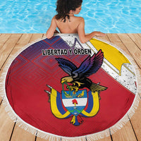 Colombia Coat Of Arms Beach Blanket With Flag Style And Folk Pattern - Wonder Print Shop