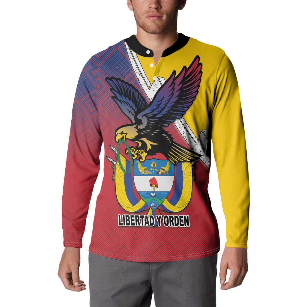 Colombia Coat Of Arms Button Sweatshirt With Flag Style And Folk Pattern - Wonder Print Shop