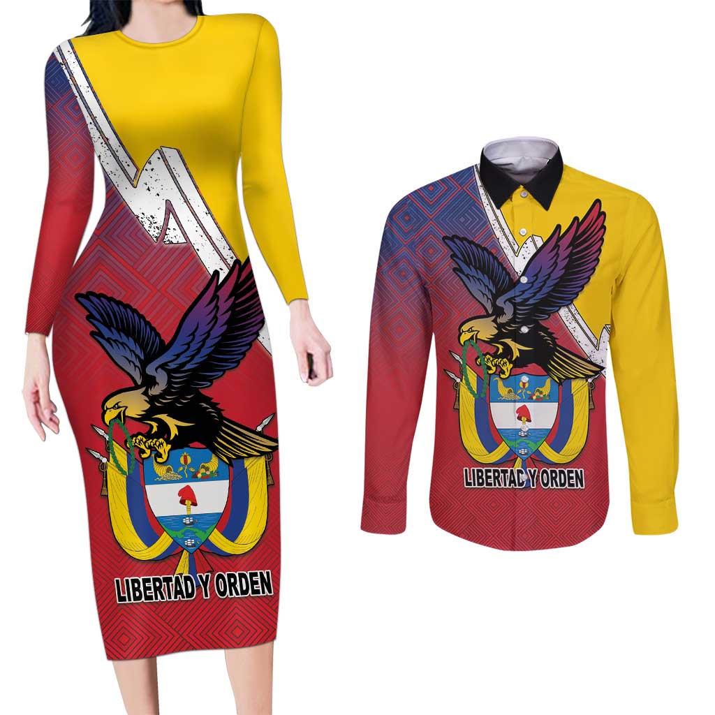 Colombia Coat Of Arms Couples Matching Long Sleeve Bodycon Dress and Long Sleeve Button Shirt With Flag Style And Folk Pattern - Wonder Print Shop