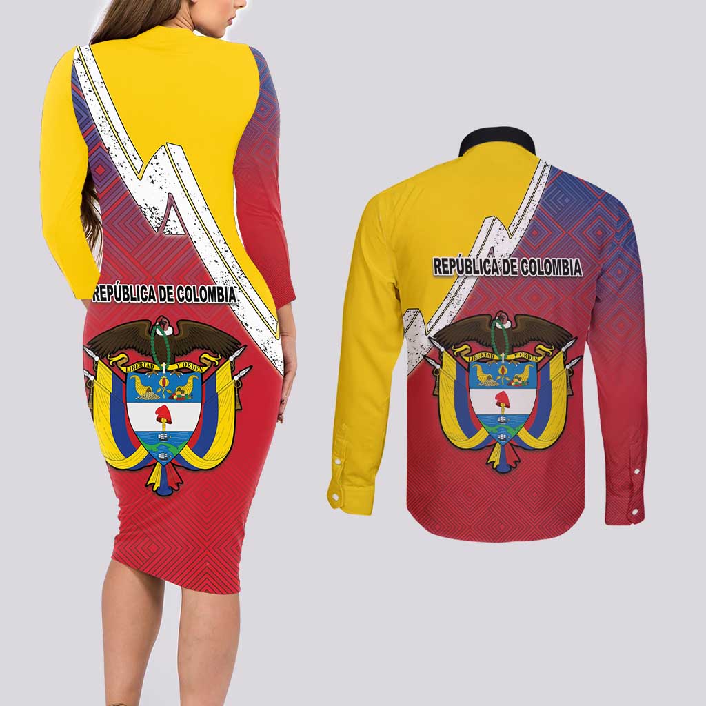 Colombia Coat Of Arms Couples Matching Long Sleeve Bodycon Dress and Long Sleeve Button Shirt With Flag Style And Folk Pattern - Wonder Print Shop
