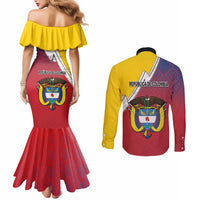 Colombia Coat Of Arms Couples Matching Mermaid Dress and Long Sleeve Button Shirt With Flag Style And Fork Partern