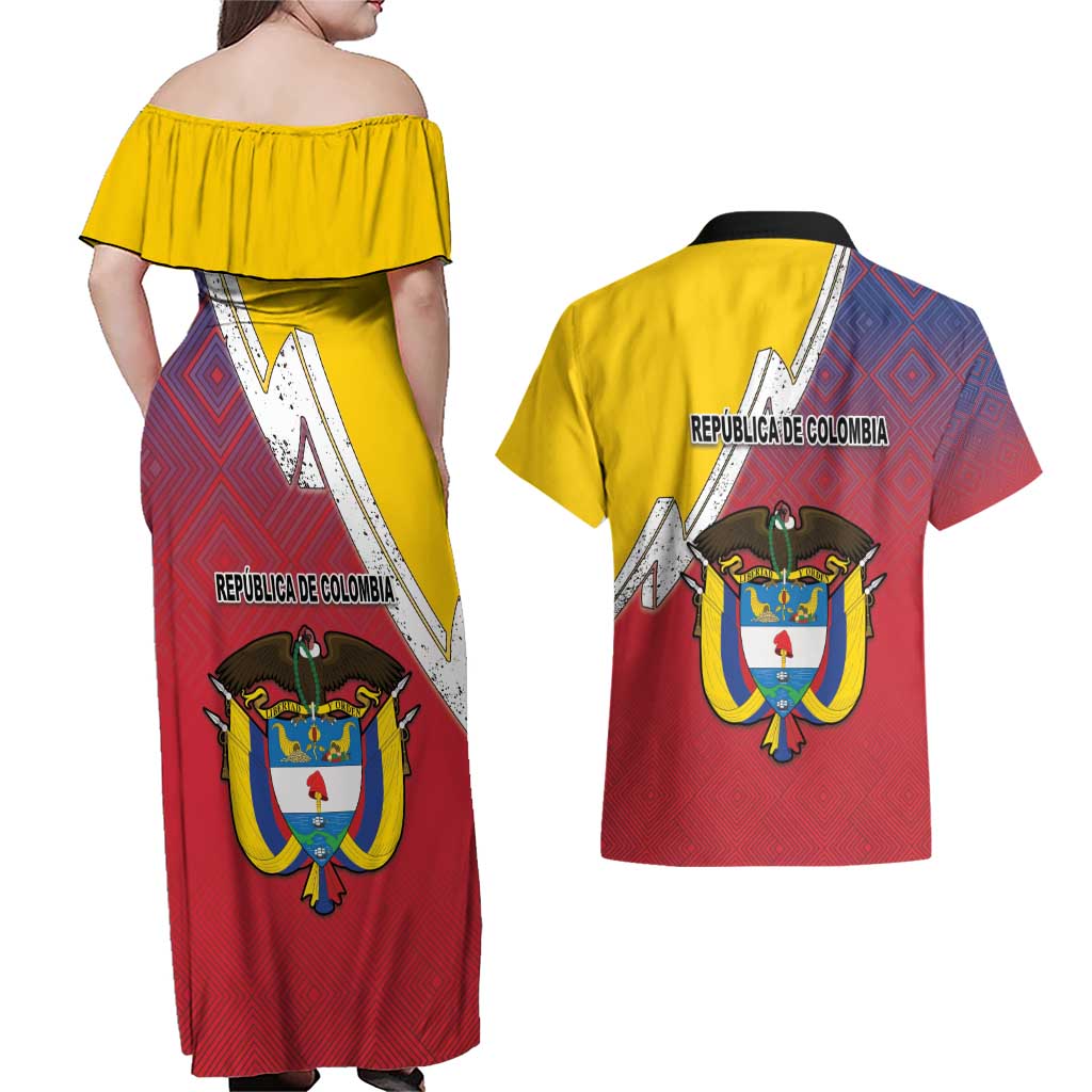Colombia Coat Of Arms Couples Matching Off Shoulder Maxi Dress and Hawaiian Shirt With Flag Style And Folk Pattern - Wonder Print Shop