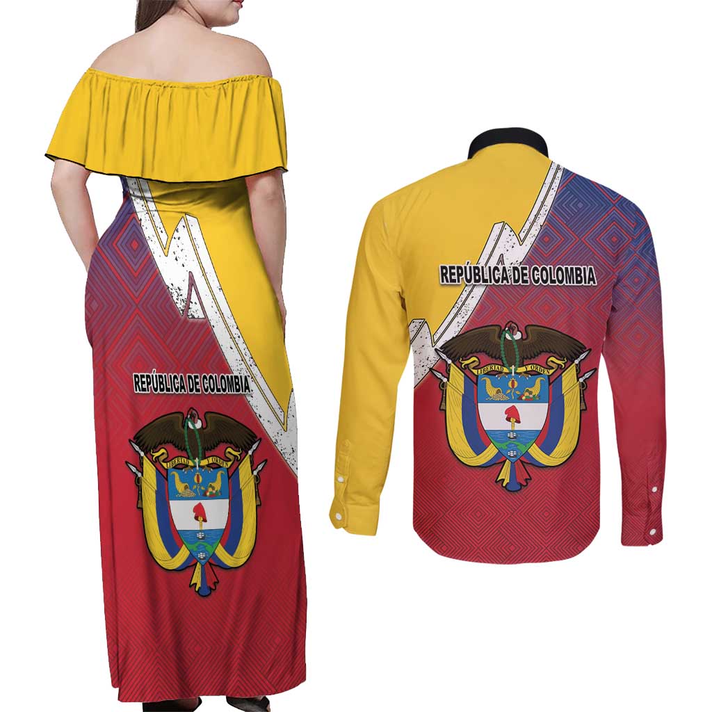 Colombia Coat Of Arms Couples Matching Off Shoulder Maxi Dress and Long Sleeve Button Shirt With Flag Style And Folk Pattern - Wonder Print Shop