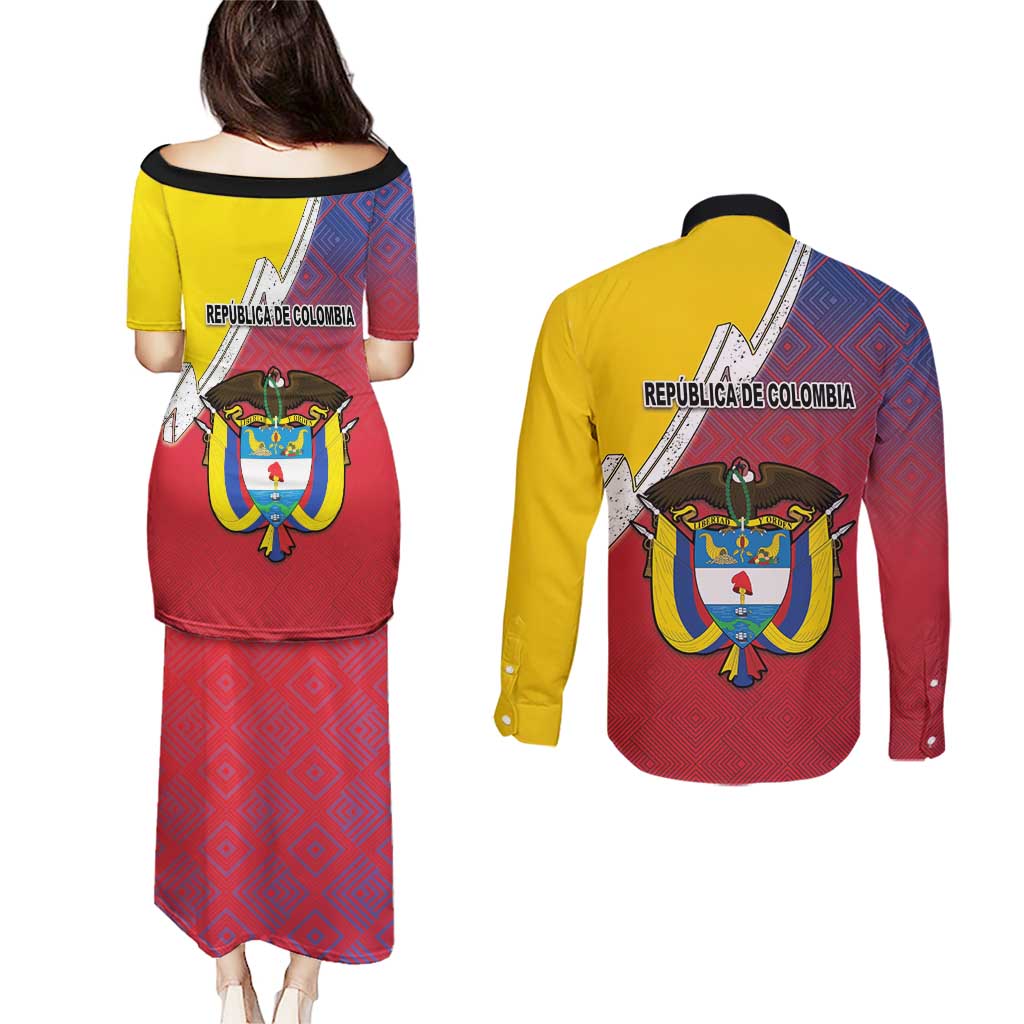 Colombia Coat Of Arms Couples Matching Puletasi and Long Sleeve Button Shirt With Flag Style And Folk Pattern - Wonder Print Shop