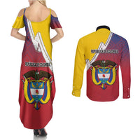 Colombia Coat Of Arms Couples Matching Summer Maxi Dress and Long Sleeve Button Shirt With Flag Style And Folk Pattern - Wonder Print Shop
