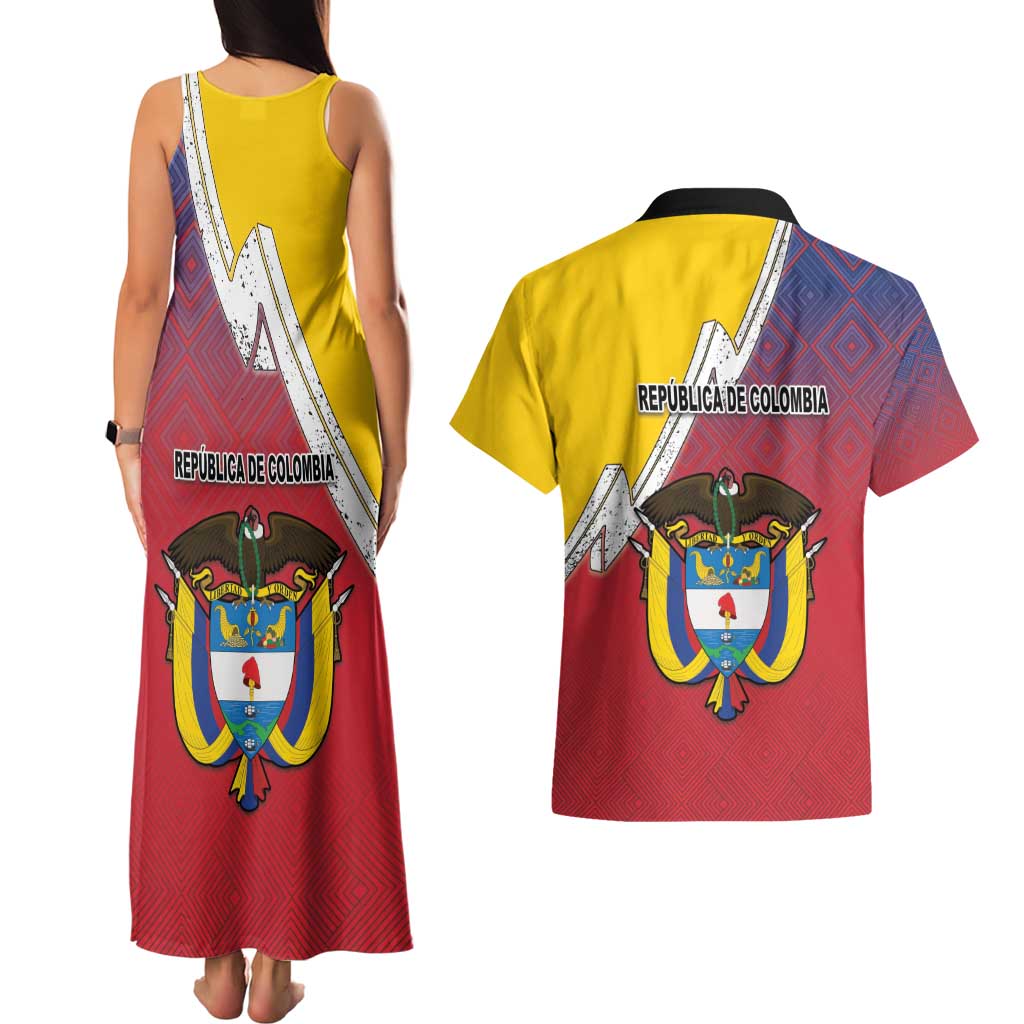 Colombia Coat Of Arms Couples Matching Tank Maxi Dress and Hawaiian Shirt With Flag Style And Folk Pattern - Wonder Print Shop