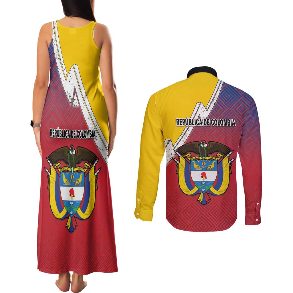Colombia Coat Of Arms Couples Matching Tank Maxi Dress and Long Sleeve Button Shirt With Flag Style And Folk Pattern - Wonder Print Shop