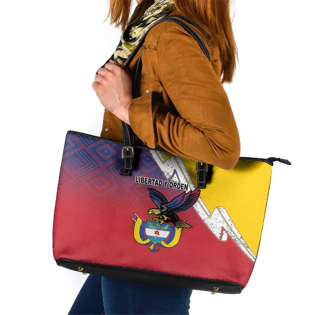 Colombia Coat Of Arms Leather Tote Bag With Flag Style And Folk Pattern - Wonder Print Shop