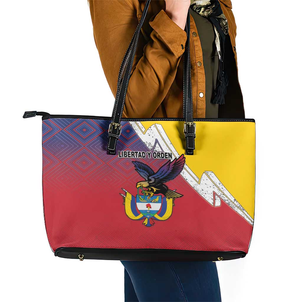 Colombia Coat Of Arms Leather Tote Bag With Flag Style And Folk Pattern - Wonder Print Shop