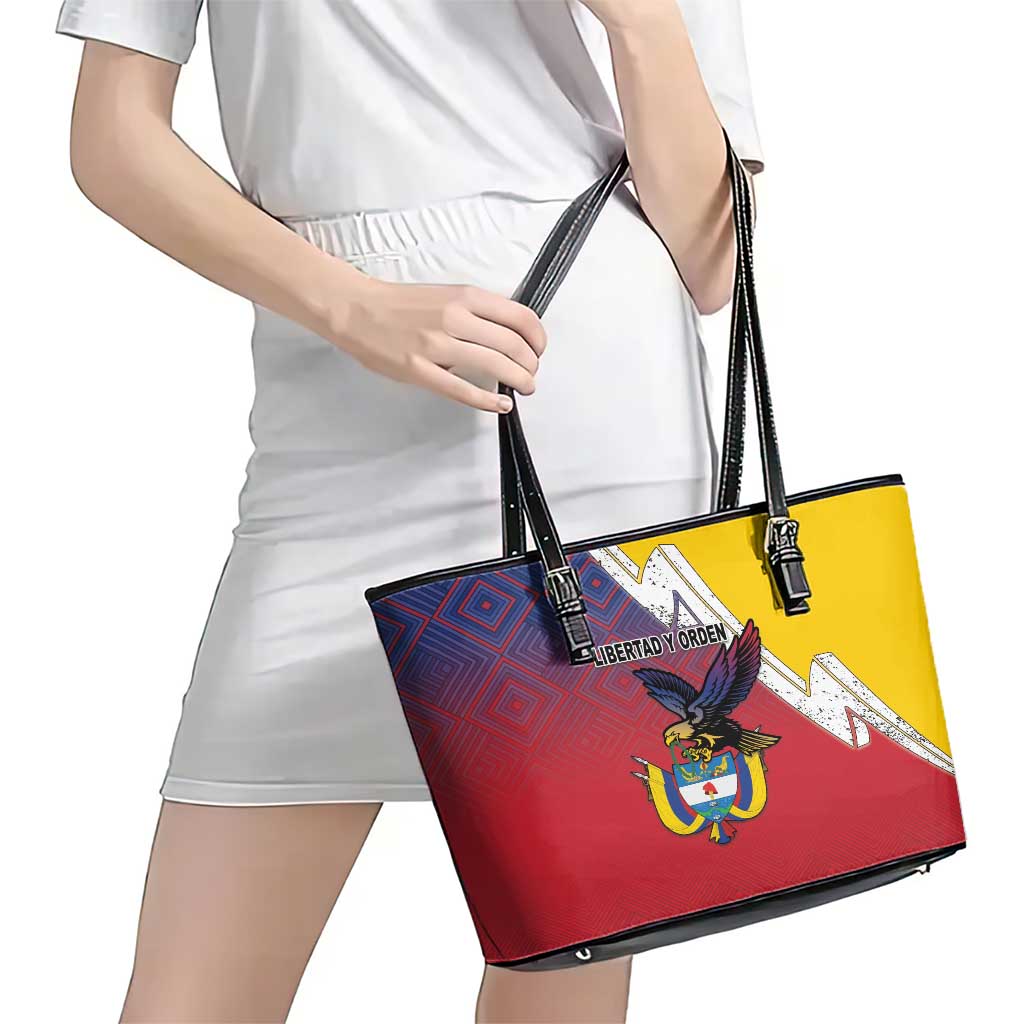 Colombia Coat Of Arms Leather Tote Bag With Flag Style And Folk Pattern - Wonder Print Shop