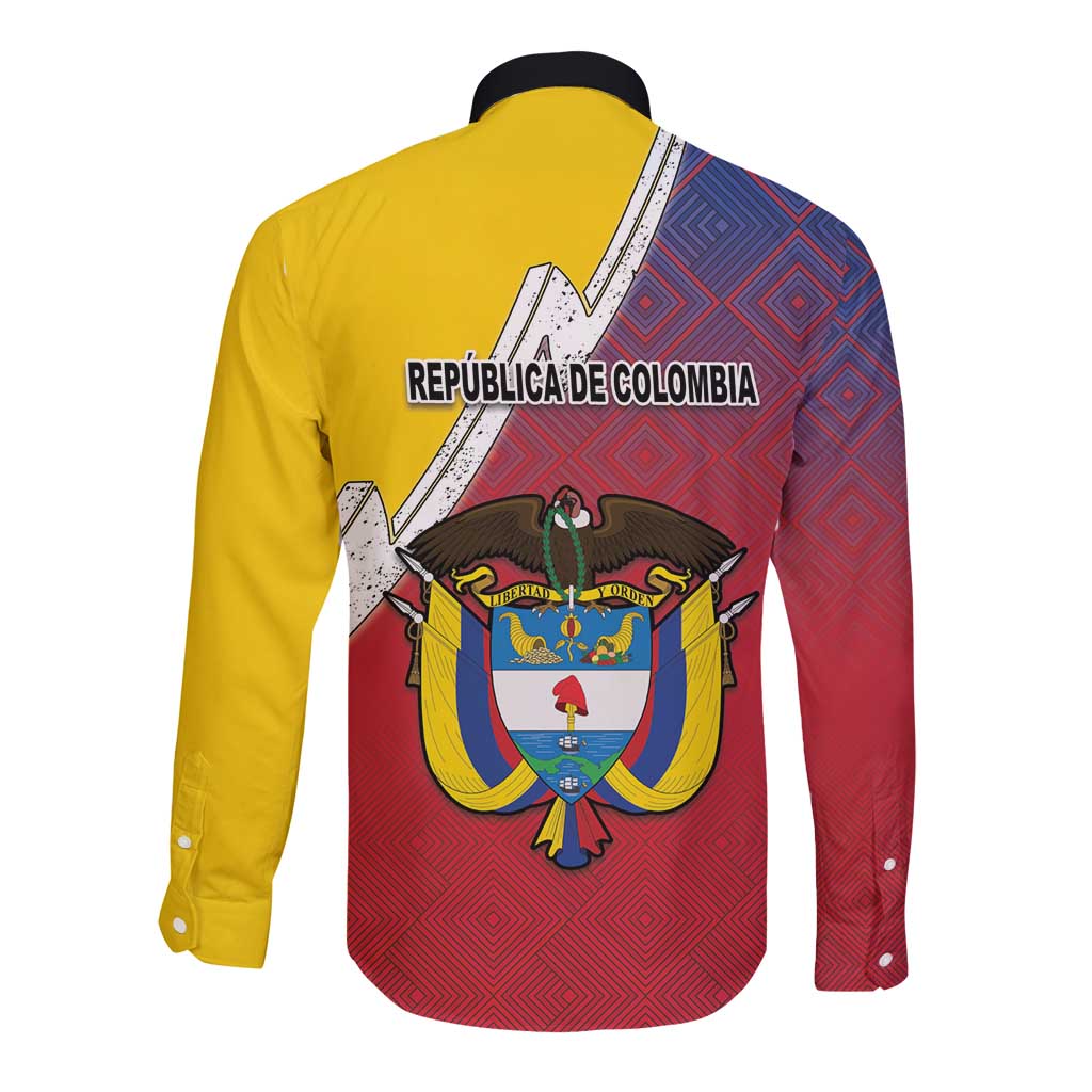 Colombia Coat Of Arms Long Sleeve Button Shirt With Flag Style And Folk Pattern - Wonder Print Shop