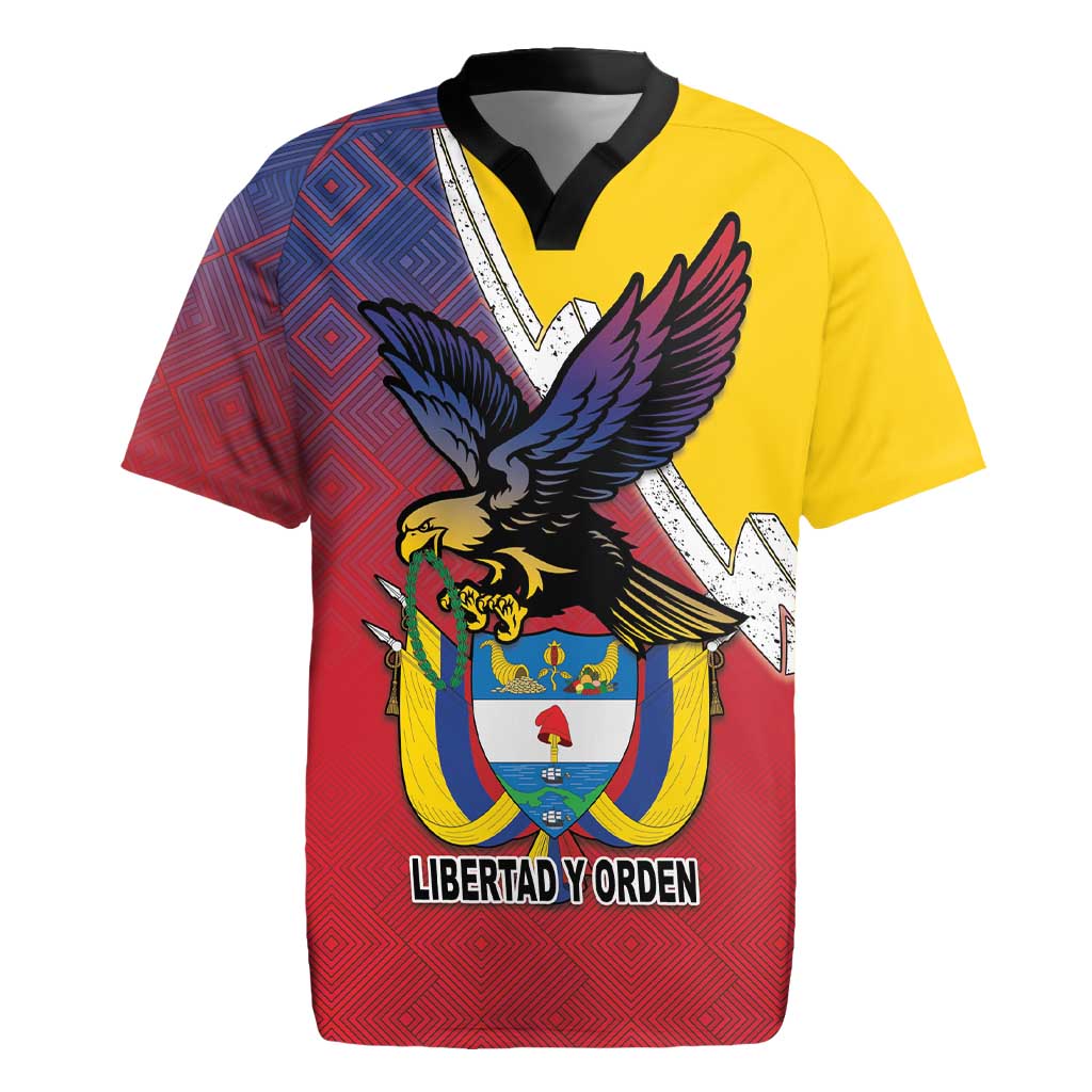 Colombia Coat Of Arms Rugby Jersey With Flag Style And Folk Pattern - Wonder Print Shop