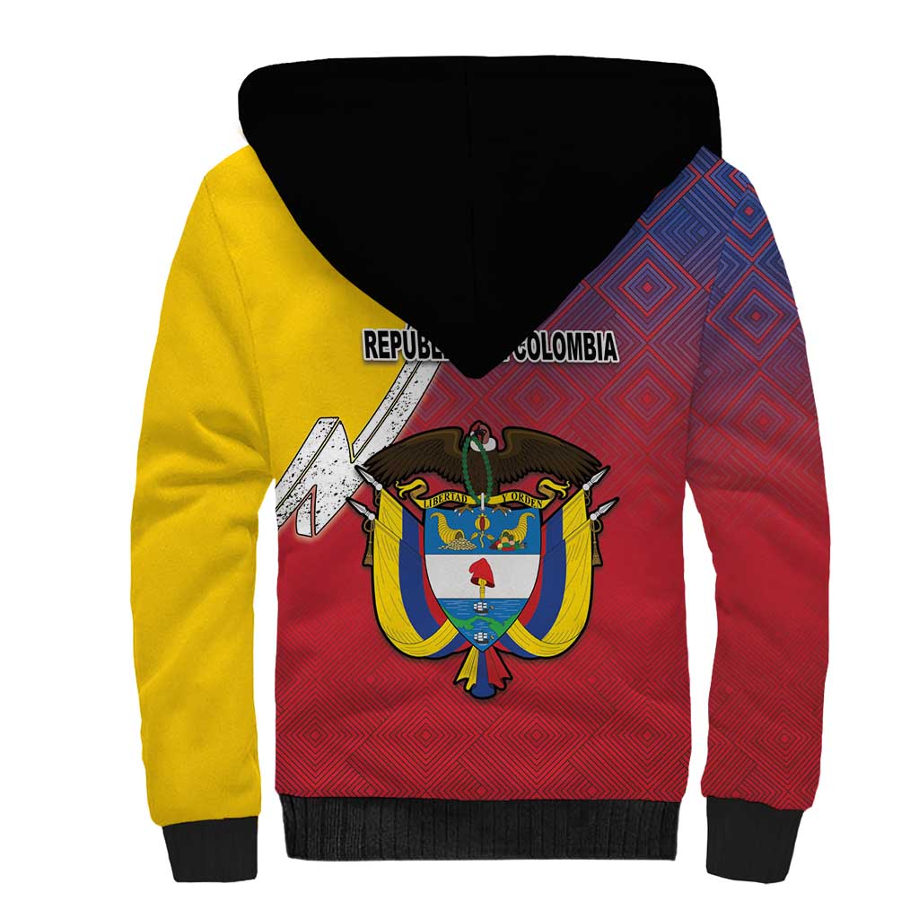Colombia Coat Of Arms Sherpa Hoodie With Flag Style And Folk Pattern - Wonder Print Shop