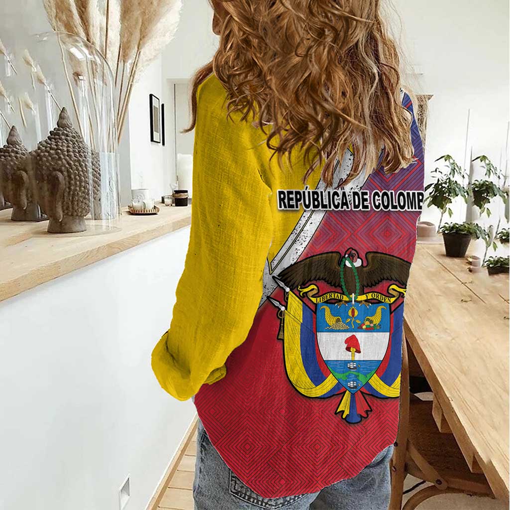 Colombia Coat Of Arms Women Casual Shirt With Flag Style And Folk Pattern - Wonder Print Shop