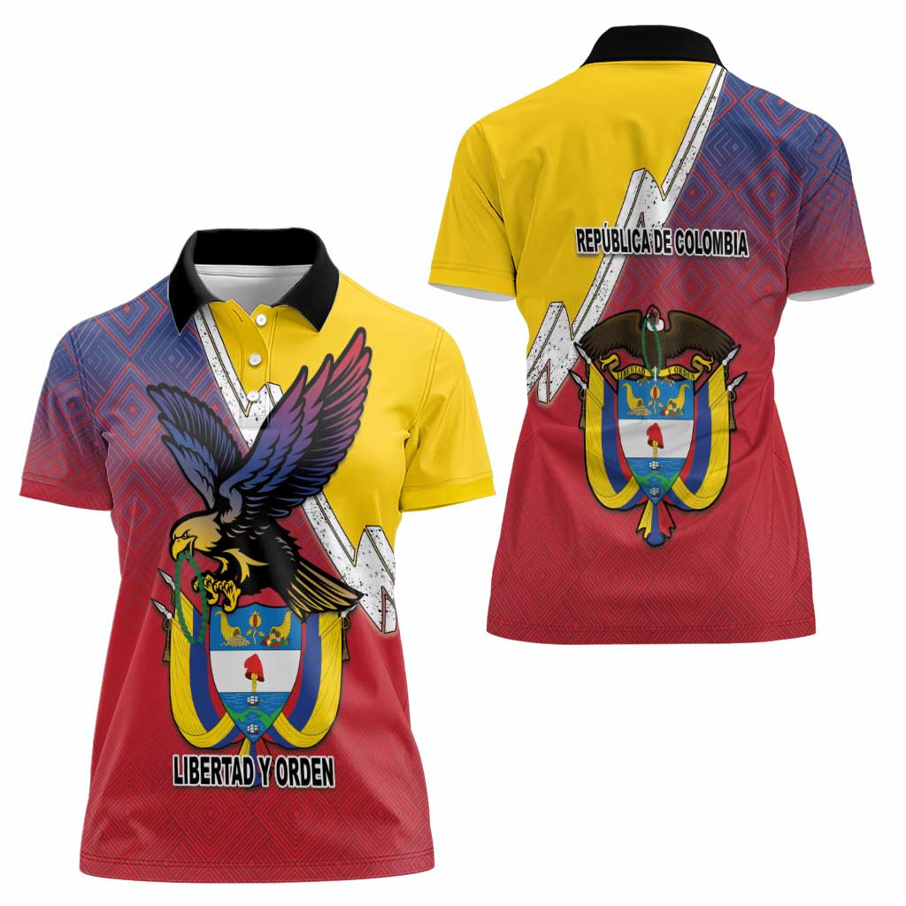 Colombia Coat Of Arms Women Polo Shirt With Flag Style And Folk Pattern - Wonder Print Shop