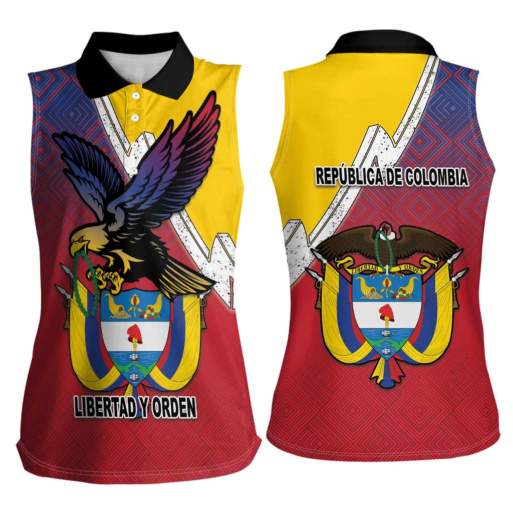 Colombia Coat Of Arms Women Sleeveless Polo Shirt With Flag Style And Folk Pattern - Wonder Print Shop