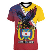 Colombia Coat Of Arms Women V-Neck T-Shirt With Flag Style And Folk Pattern - Wonder Print Shop