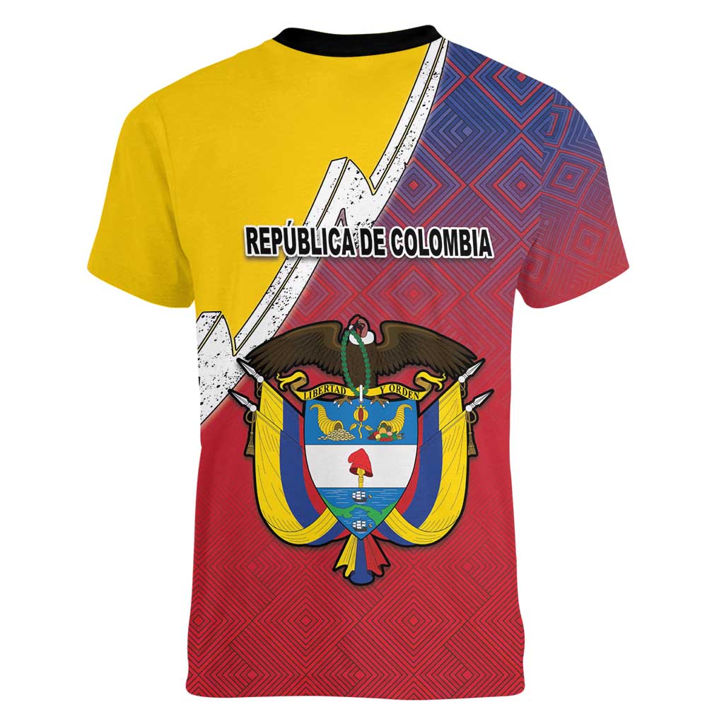 Colombia Coat Of Arms Women V-Neck T-Shirt With Flag Style And Folk Pattern - Wonder Print Shop