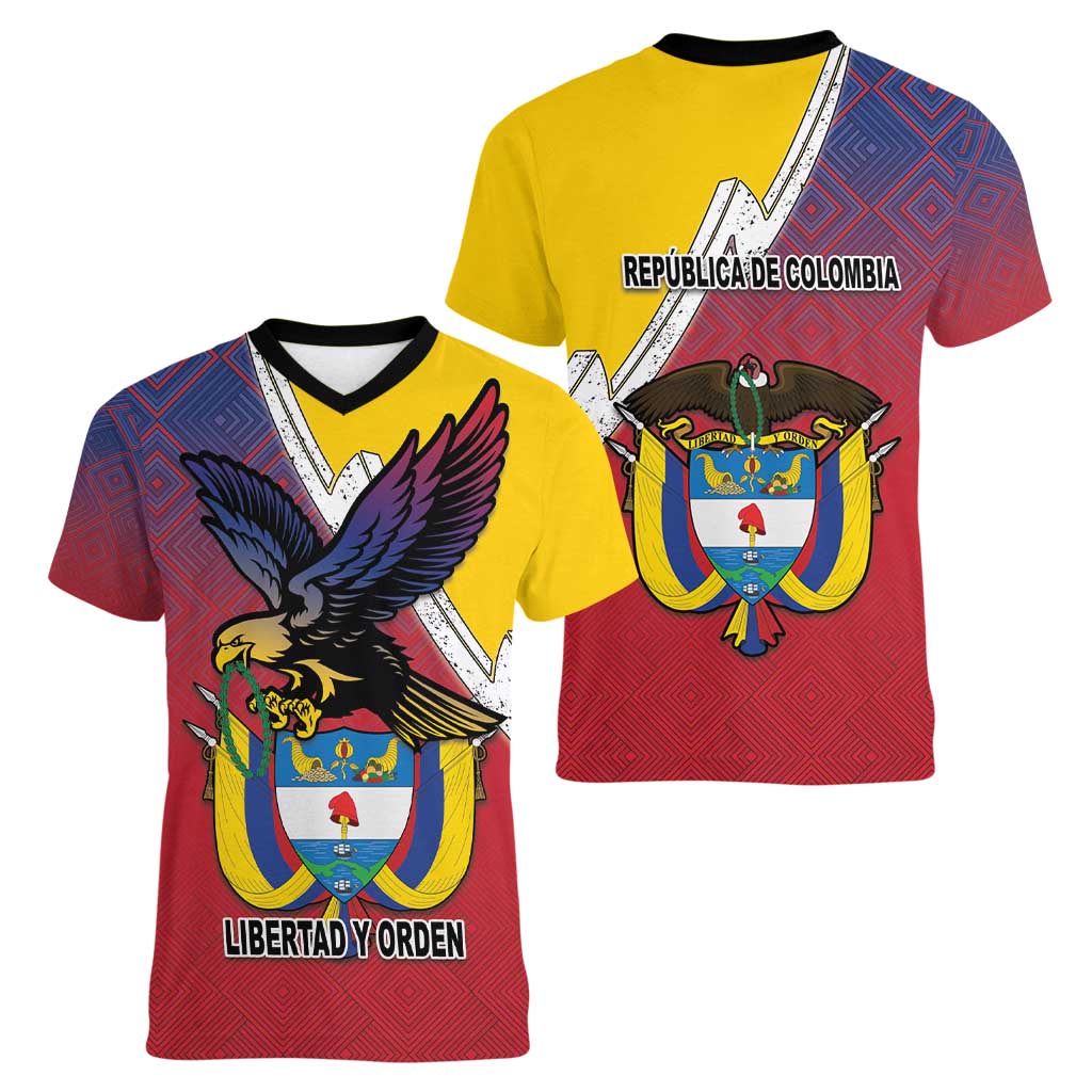 Colombia Coat Of Arms Women V-Neck T-Shirt With Flag Style And Folk Pattern - Wonder Print Shop