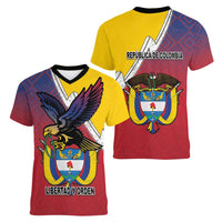 Colombia Coat Of Arms Women V-Neck T-Shirt With Flag Style And Folk Pattern - Wonder Print Shop