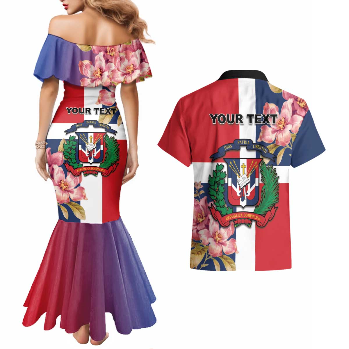 Personalized Dominican Republic Bayahbe Rose Couples Matching Mermaid Dress and Hawaiian Shirt - Wonder Print Shop