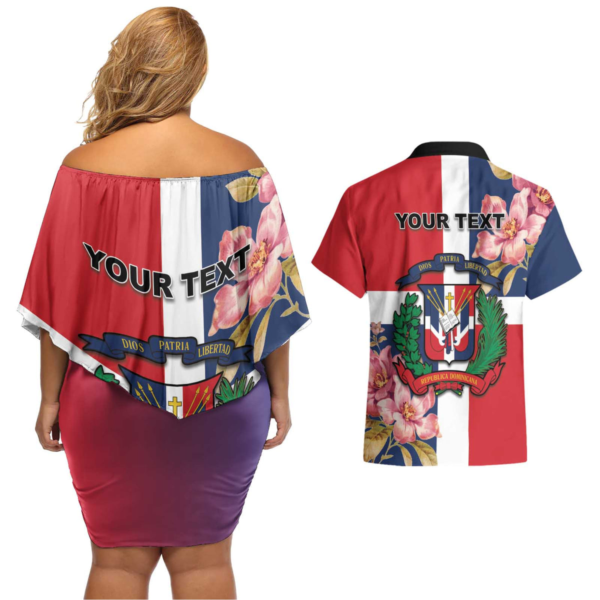 Personalized Dominican Republic Bayahbe Rose Couples Matching Off Shoulder Short Dress and Hawaiian Shirt - Wonder Print Shop