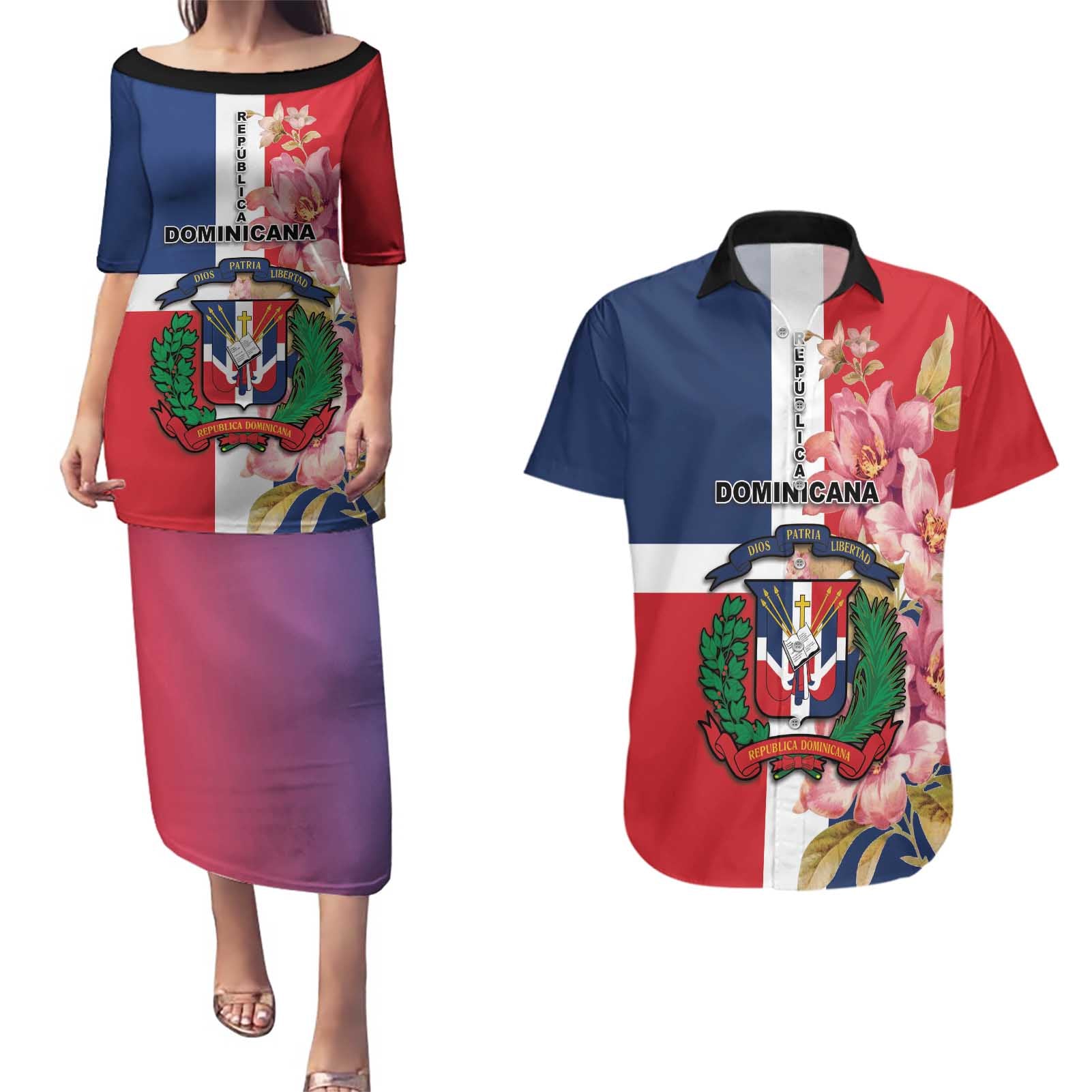Personalized Dominican Republic Bayahbe Rose Couples Matching Puletasi and Hawaiian Shirt - Wonder Print Shop