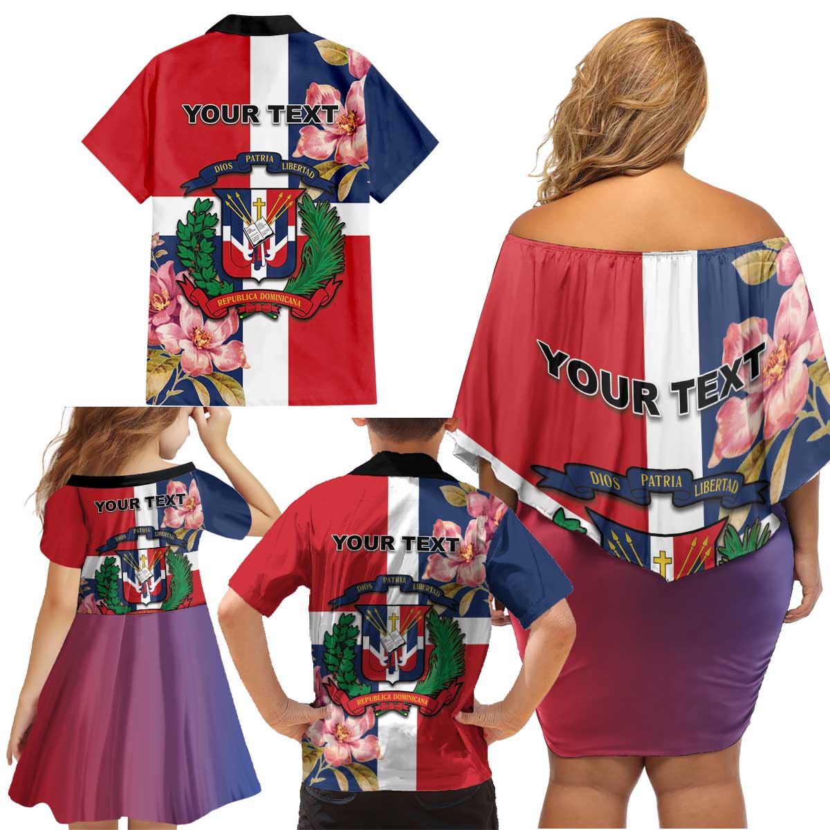 Personalized Dominican Republic Bayahbe Rose Family Matching Off Shoulder Short Dress and Hawaiian Shirt - Wonder Print Shop