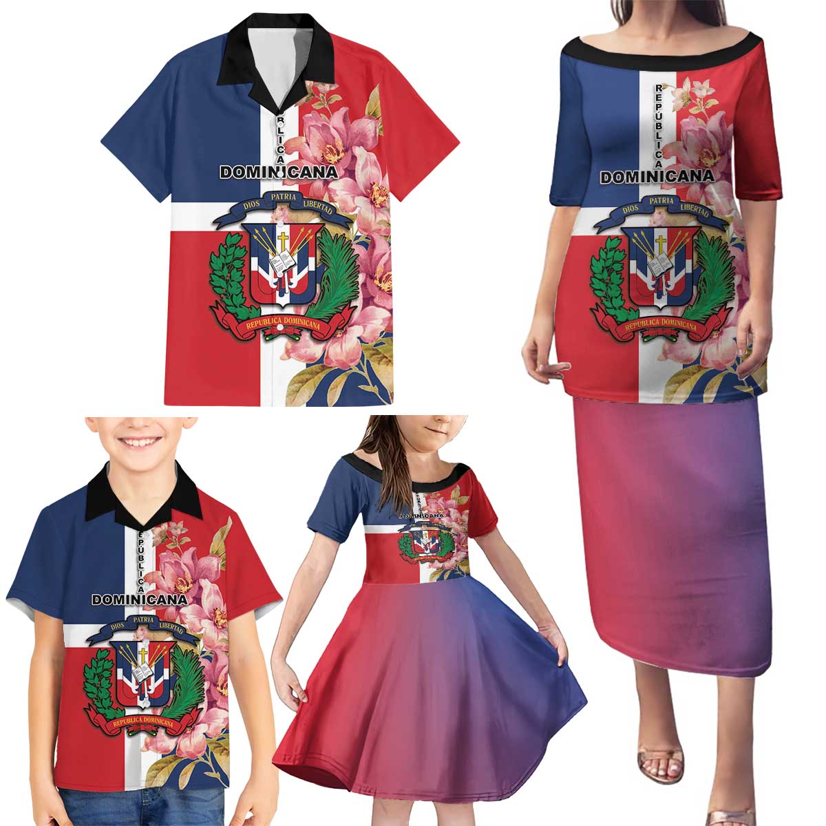 Personalized Dominican Republic Bayahbe Rose Family Matching Puletasi and Hawaiian Shirt - Wonder Print Shop