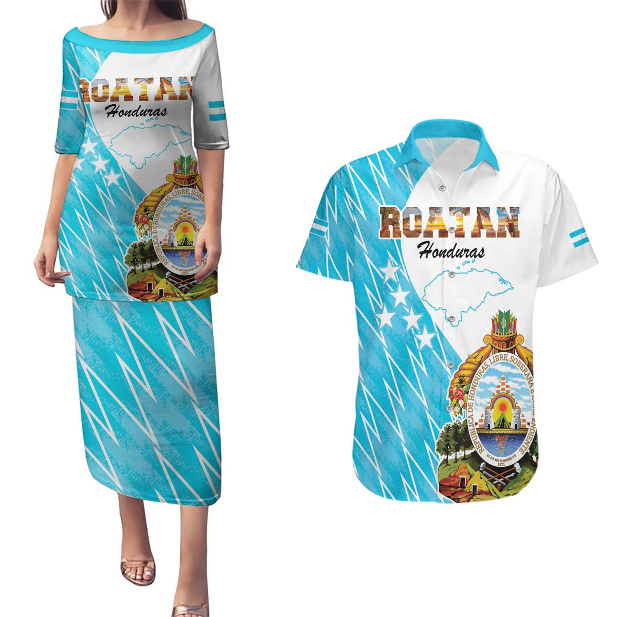 Personalized Honduras Coat Of Arms Couples Matching Puletasi and Hawaiian Shirt Flag Color Style - Wonder Print Shop