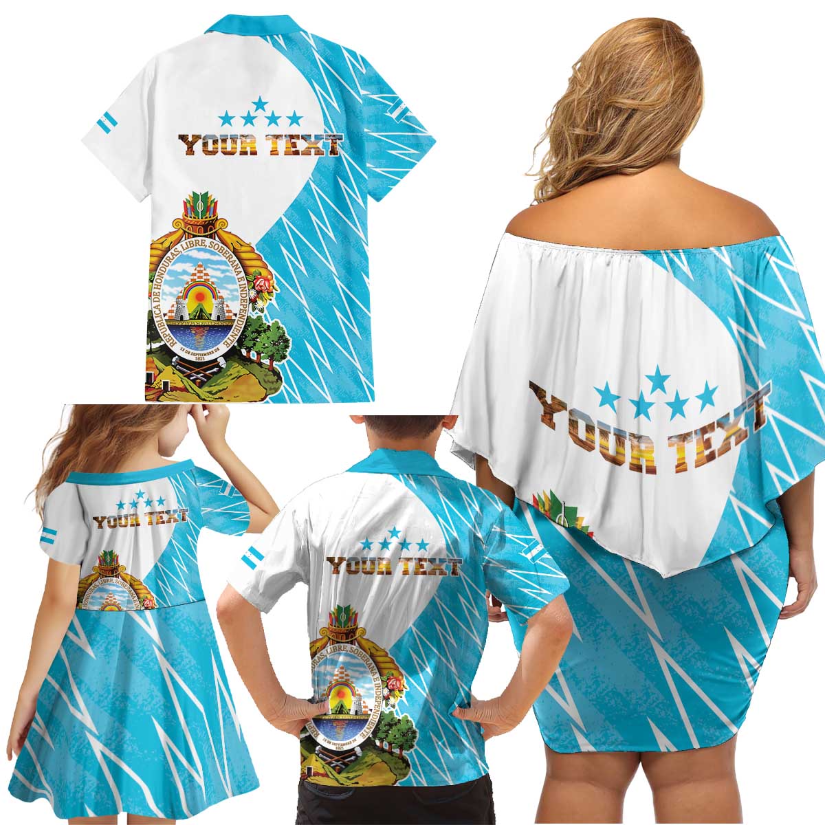 Personalized Honduras Coat Of Arms Family Matching Off Shoulder Short Dress and Hawaiian Shirt Flag Color Style - Wonder Print Shop