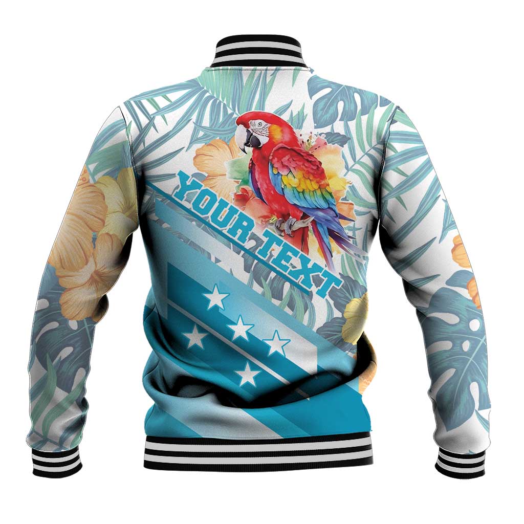 Personalized Roatan Honduras Baseball Jacket Scarlet Macaw With Hibiscus Flowers - Wonder Print Shop