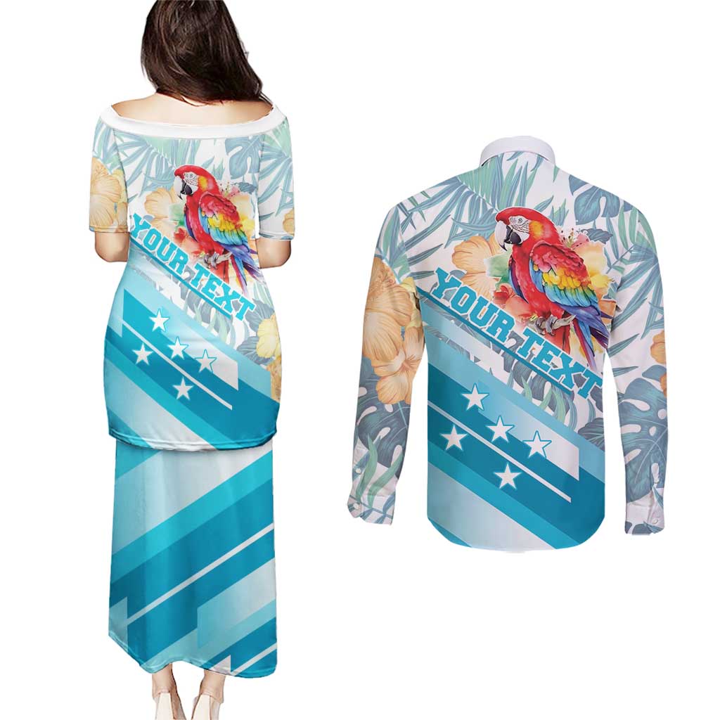 Personalized Roatan Honduras Couples Matching Puletasi and Long Sleeve Button Shirt Scarlet Macaw With Hibiscus Flowers - Wonder Print Shop