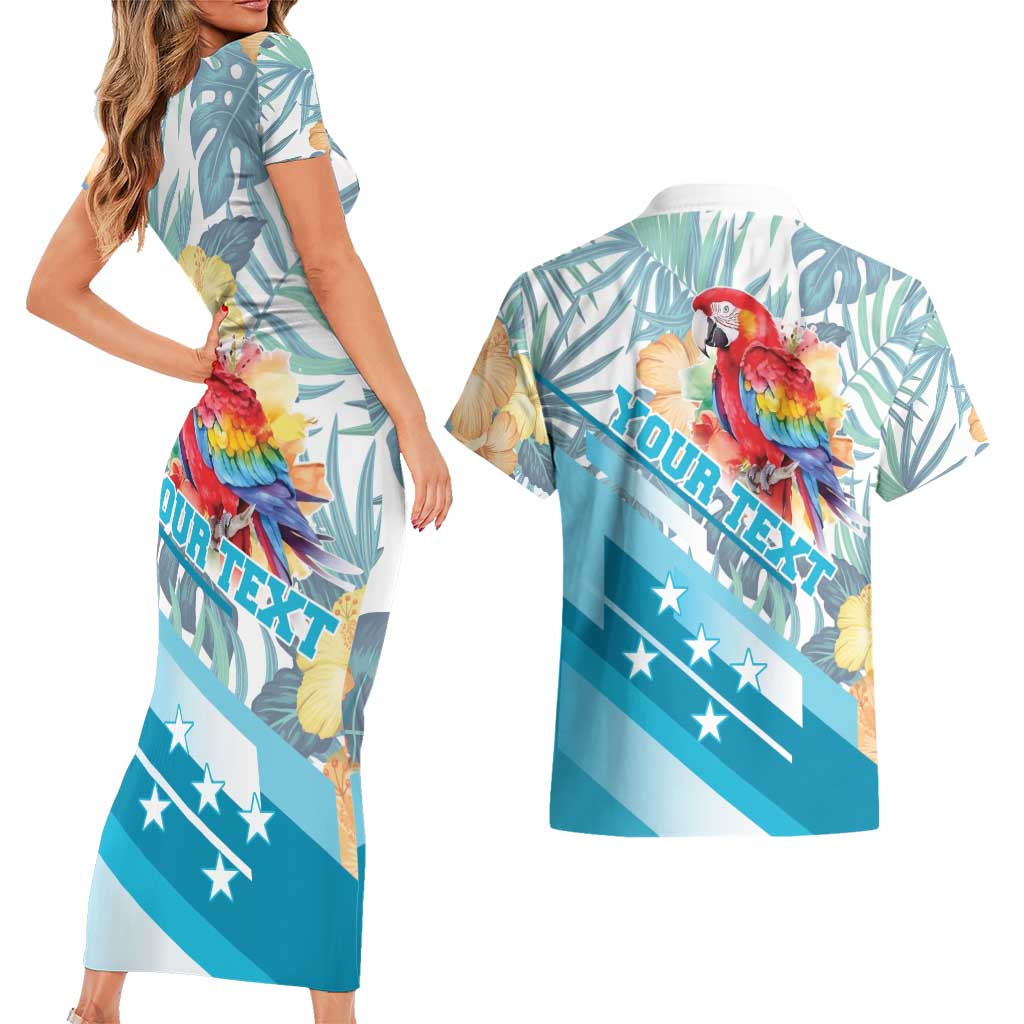 Personalized Roatan Honduras Couples Matching Short Sleeve Bodycon Dress and Hawaiian Shirt Scarlet Macaw With Hibiscus Flowers - Wonder Print Shop