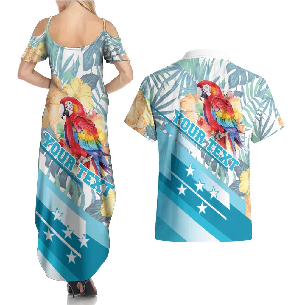 Personalized Roatan Honduras Couples Matching Summer Maxi Dress and Hawaiian Shirt Scarlet Macaw With Hibiscus Flowers - Wonder Print Shop