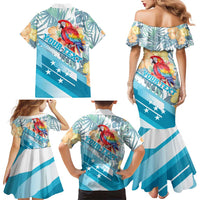 Personalized Roatan Honduras Family Matching Mermaid Dress and Hawaiian Shirt Scarlet Macaw With Hibiscus Flowers - Wonder Print Shop