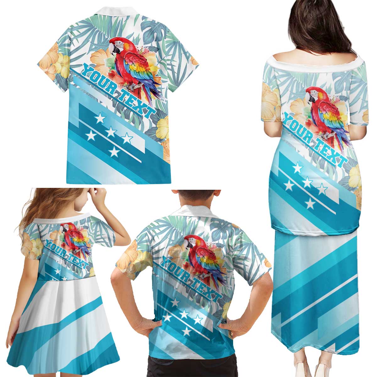 Personalized Roatan Honduras Family Matching Puletasi and Hawaiian Shirt Scarlet Macaw With Hibiscus Flowers - Wonder Print Shop