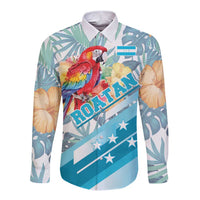Personalized Roatan Honduras Long Sleeve Button Shirt Scarlet Macaw With Hibiscus Flowers - Wonder Print Shop