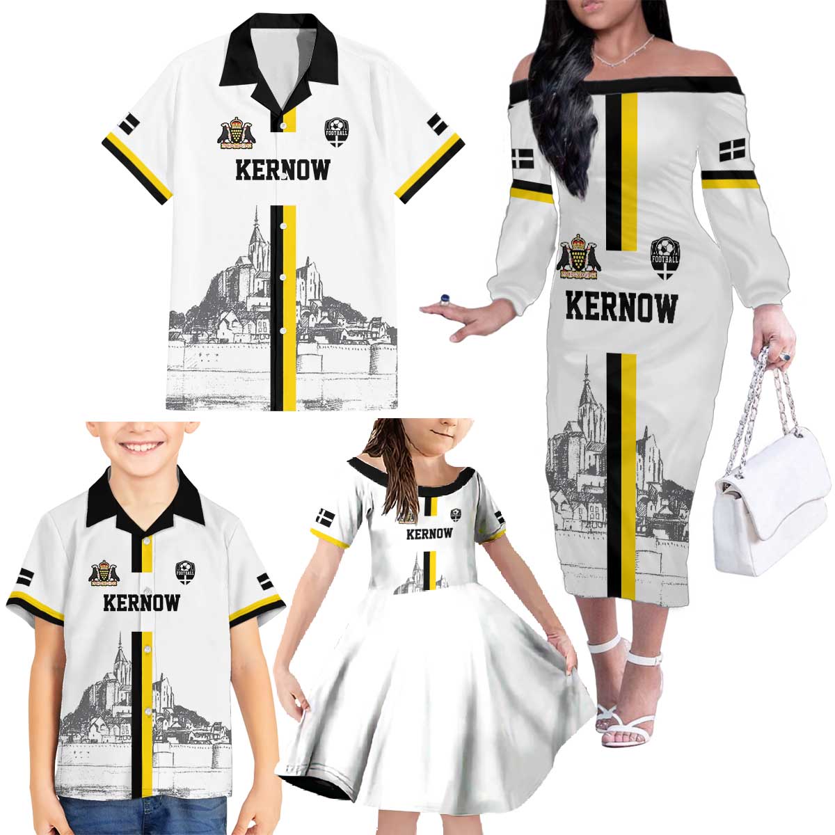 Custom Cornwall Football Family Matching Off The Shoulder Long Sleeve Dress and Hawaiian Shirt Mont Saint Michel - Wonder Print Shop