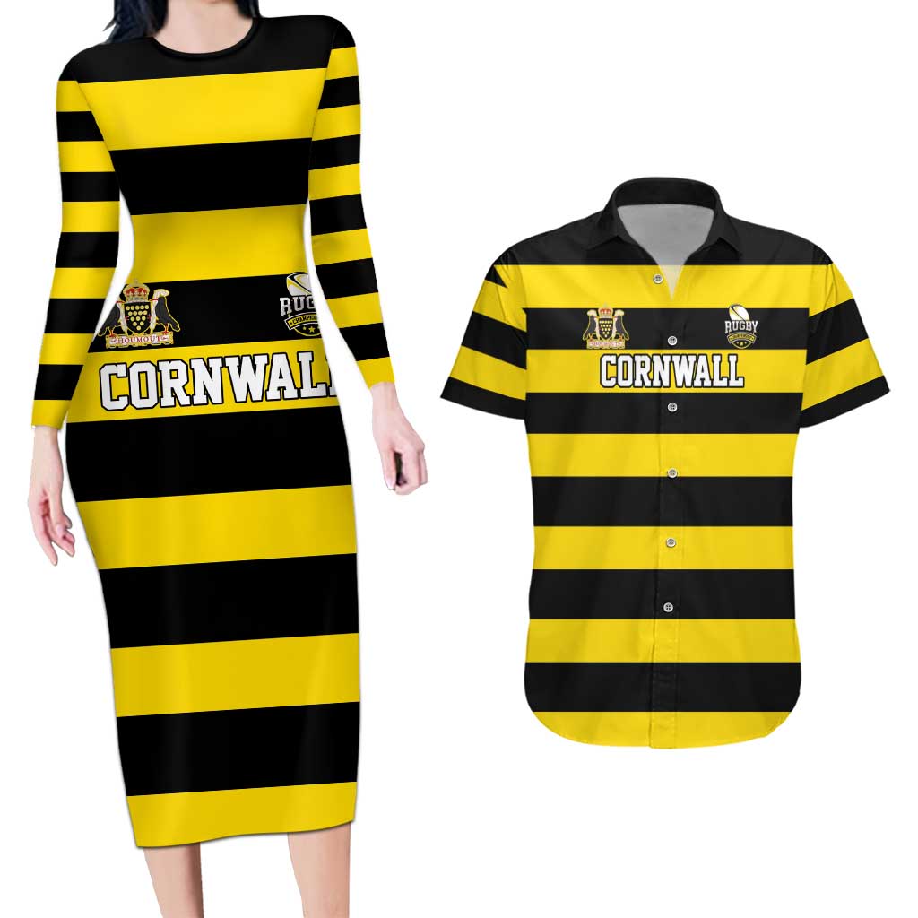 Custom Cornwall Rugby Couples Matching Long Sleeve Bodycon Dress and Hawaiian Shirt One and All - Wonder Print Shop