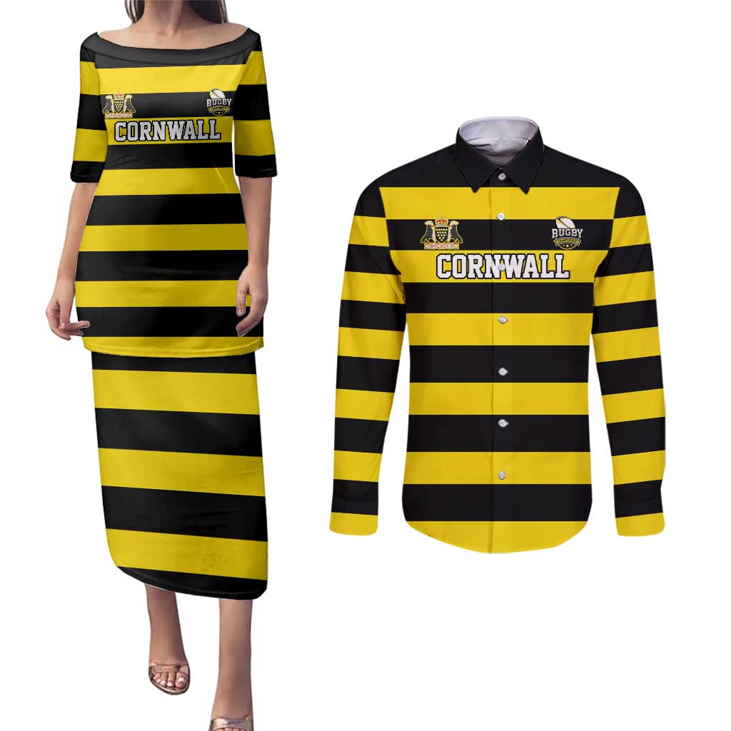 Custom Cornwall Rugby Couples Matching Puletasi and Long Sleeve Button Shirt One and All - Wonder Print Shop