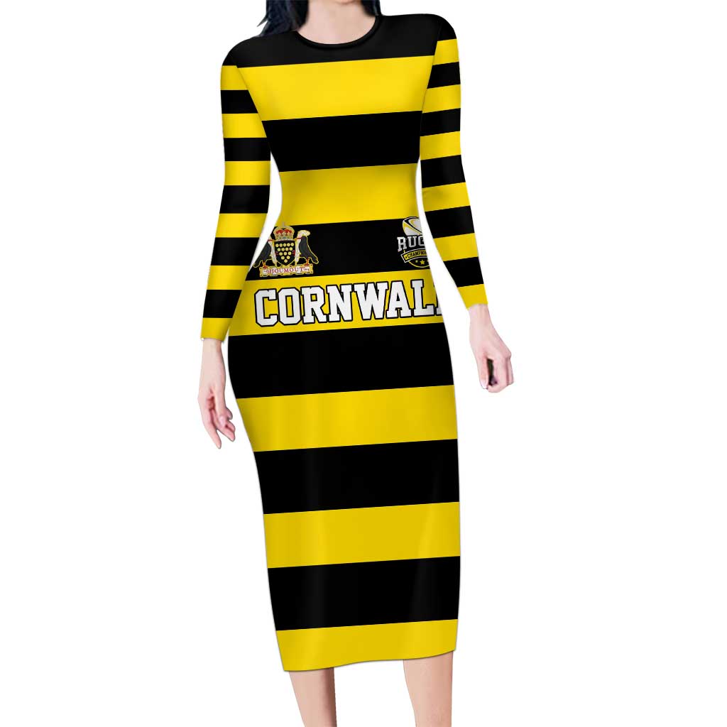 Custom Cornwall Rugby Long Sleeve Bodycon Dress One and All - Wonder Print Shop